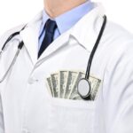 A doctor with hundred dollar bills in his coat pocket shows how much providers can profit from inflated healthcare costs.