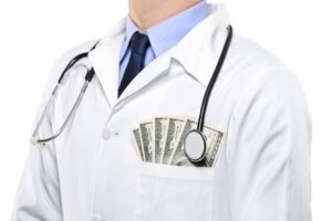 A doctor with hundred dollar bills in his coat pocket shows how much providers can profit from inflated healthcare costs.