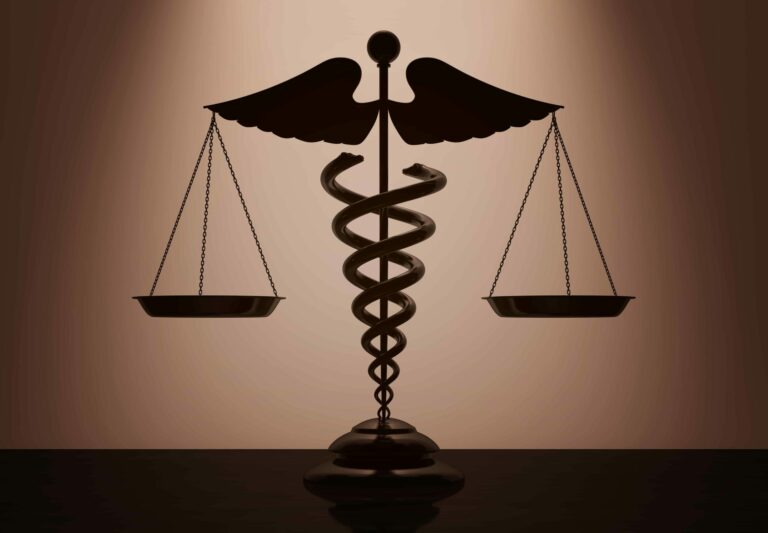 A caduceus symbol links cost containment in healthcare and laws by supporting judicial scales.