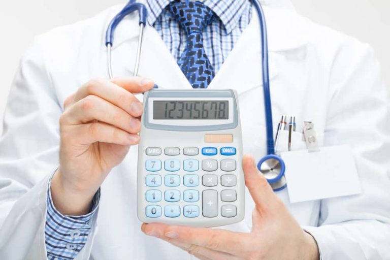 To underline the importance of negotiating surgery costs, a doctor wearing a lab coat and stethoscope holds a calculator facing outward and displaying a number over 12 million